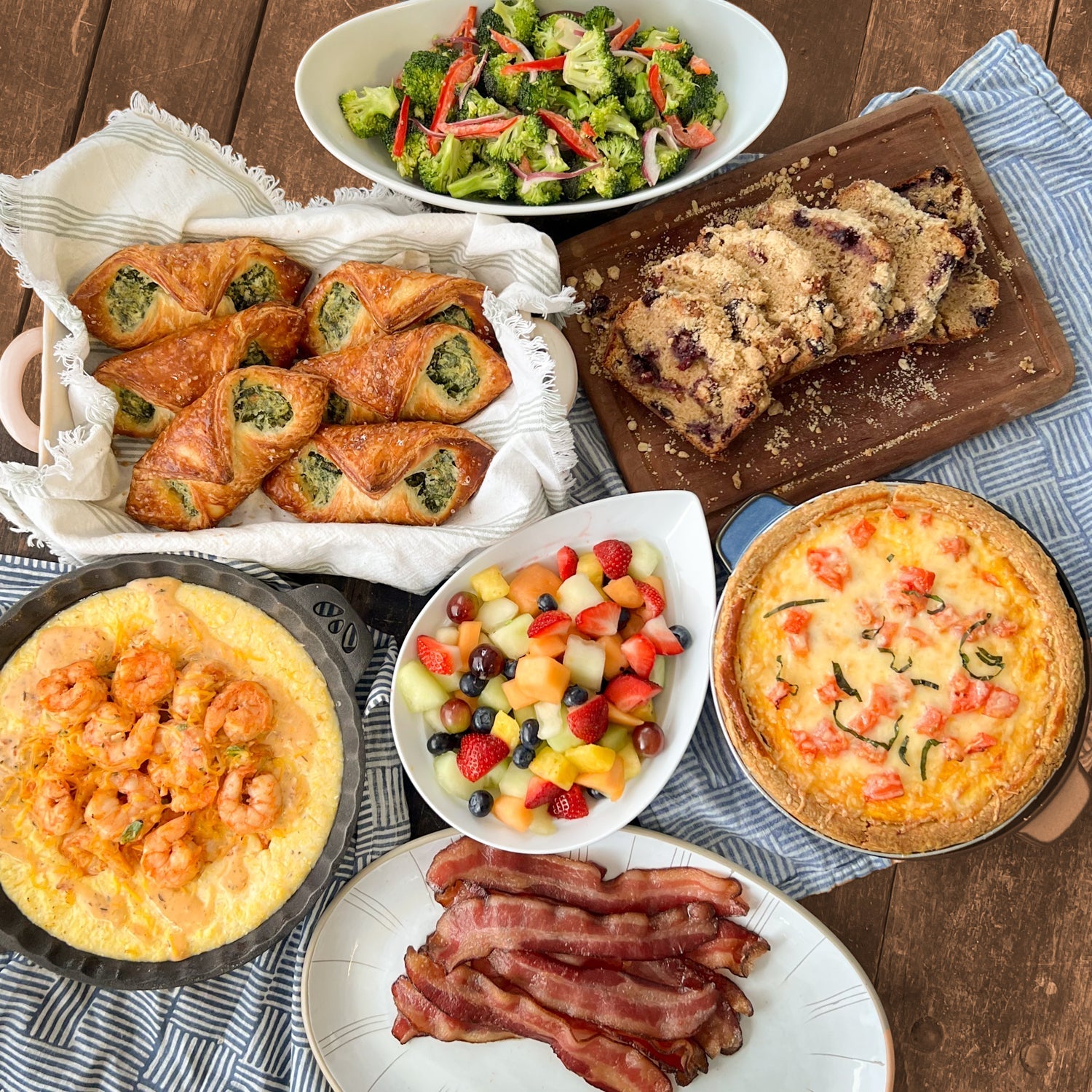 Mothers Day prepared meal kit: shrimp and grits, quiche, bacon, salad, pastries 