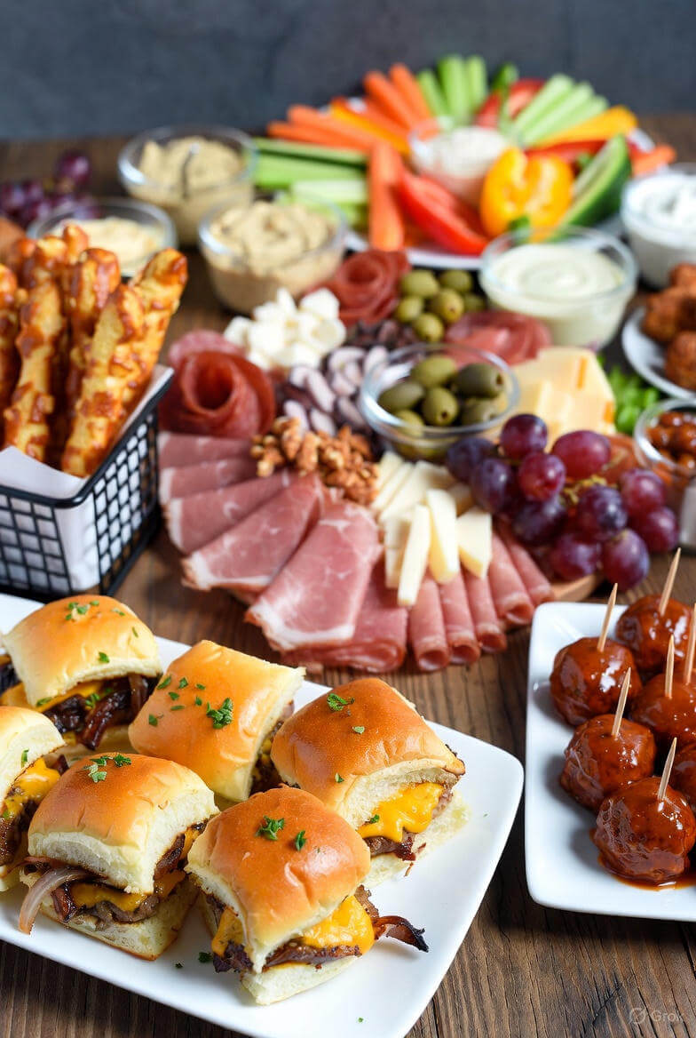Assorted appetizers including sliders, meatballs, and vegetables on a wooden board.