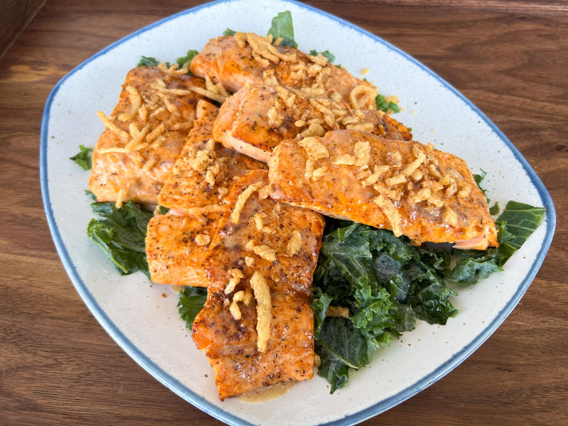 Brown Butter Salmon with Crispy Onions &amp; Kale