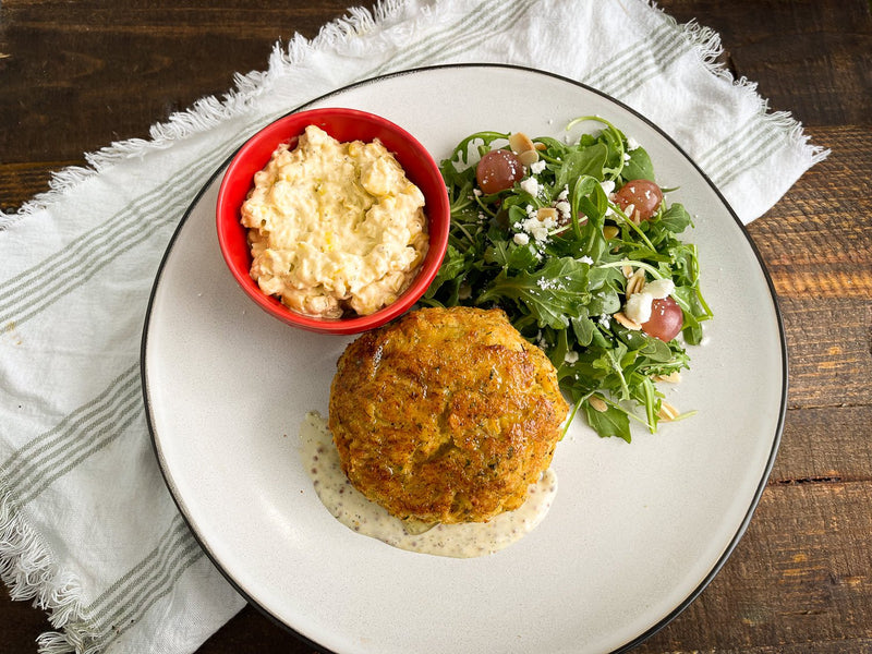 Crab Cake with Arugula Salad and Creamed Corn