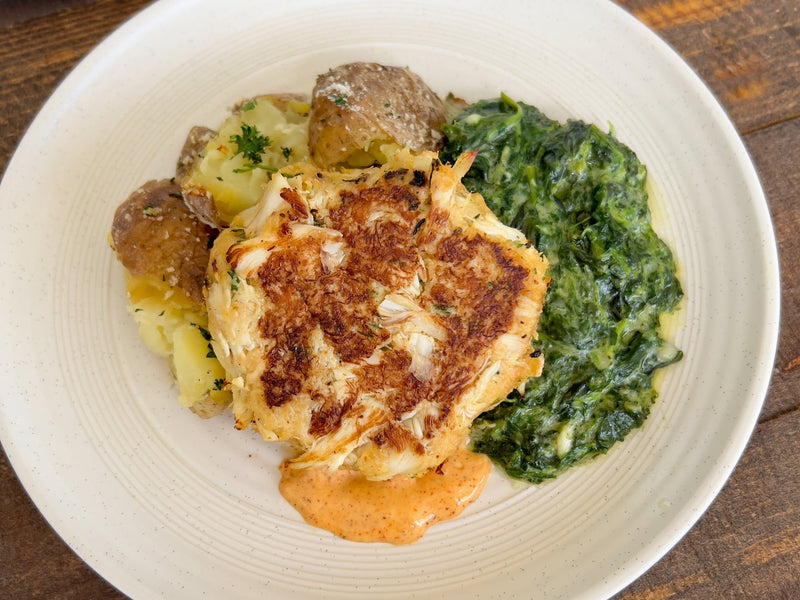 Crab Cake with Creamed Spinach &amp; Smashed Potatoes