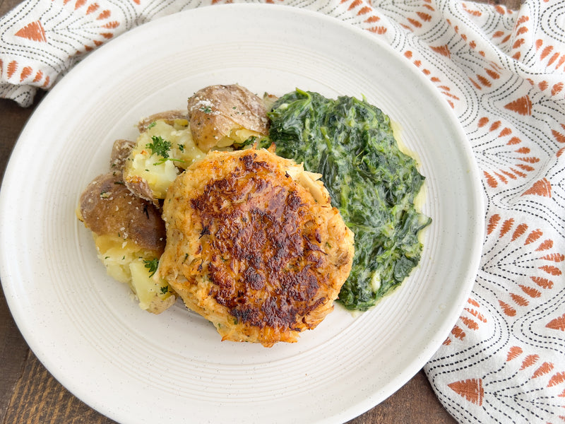 Crab Cake with Creamed Spinach &amp; Smashed Potatoes
