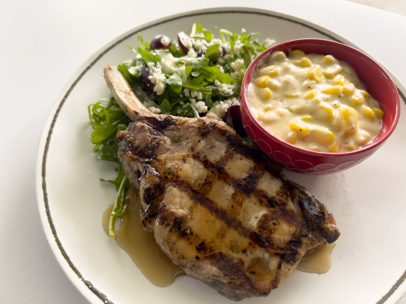 Pork Chop with Arugula Salad and Creamed Corn