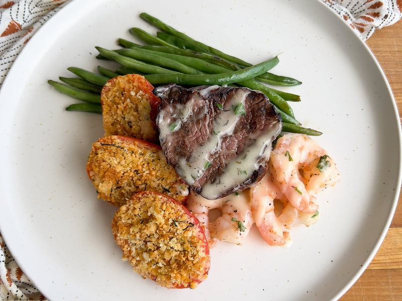 Surf &amp; Turf Meal with Cream Cheese Stuffed Tomatoes and Haricot Verts