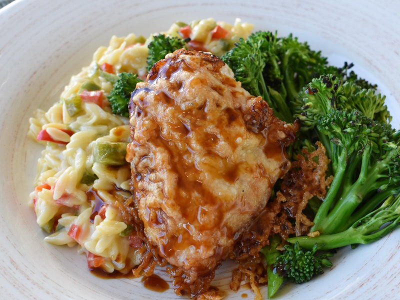 Parmesan Crusted Chicken with Orzo and Broccolini