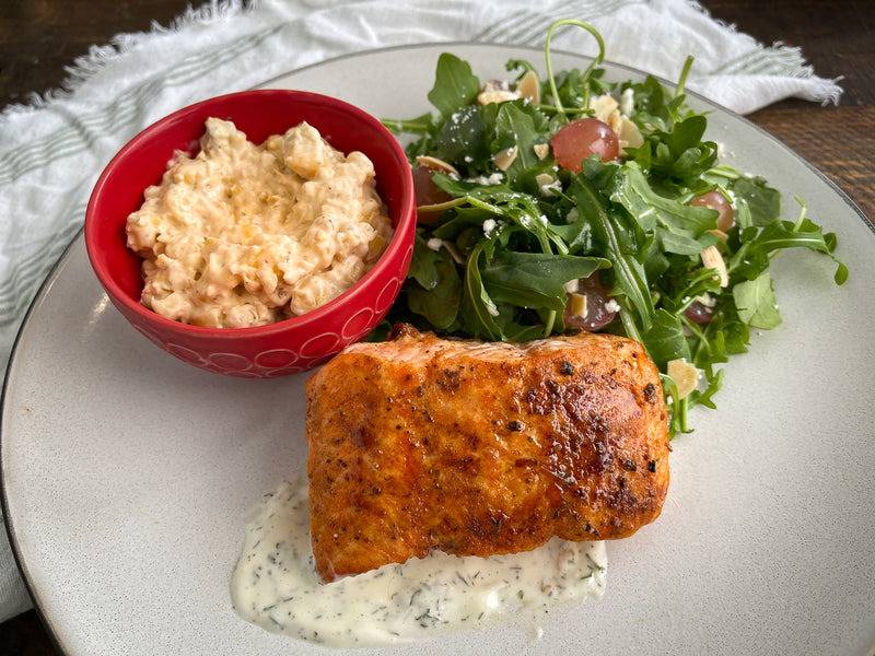 Salmon with Arugula Salad and Creamed Corn