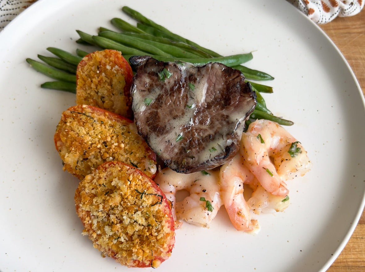 Surf & Turf Meal with Cream Cheese Stuffed Tomatoes and Haricot Verts