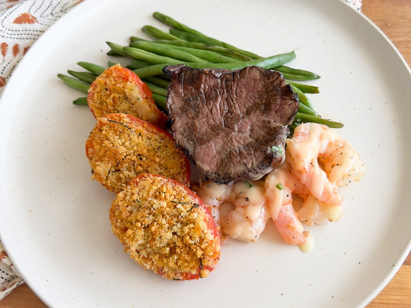 Surf &amp; Turf Meal with Cream Cheese Stuffed Tomatoes and Haricot Verts