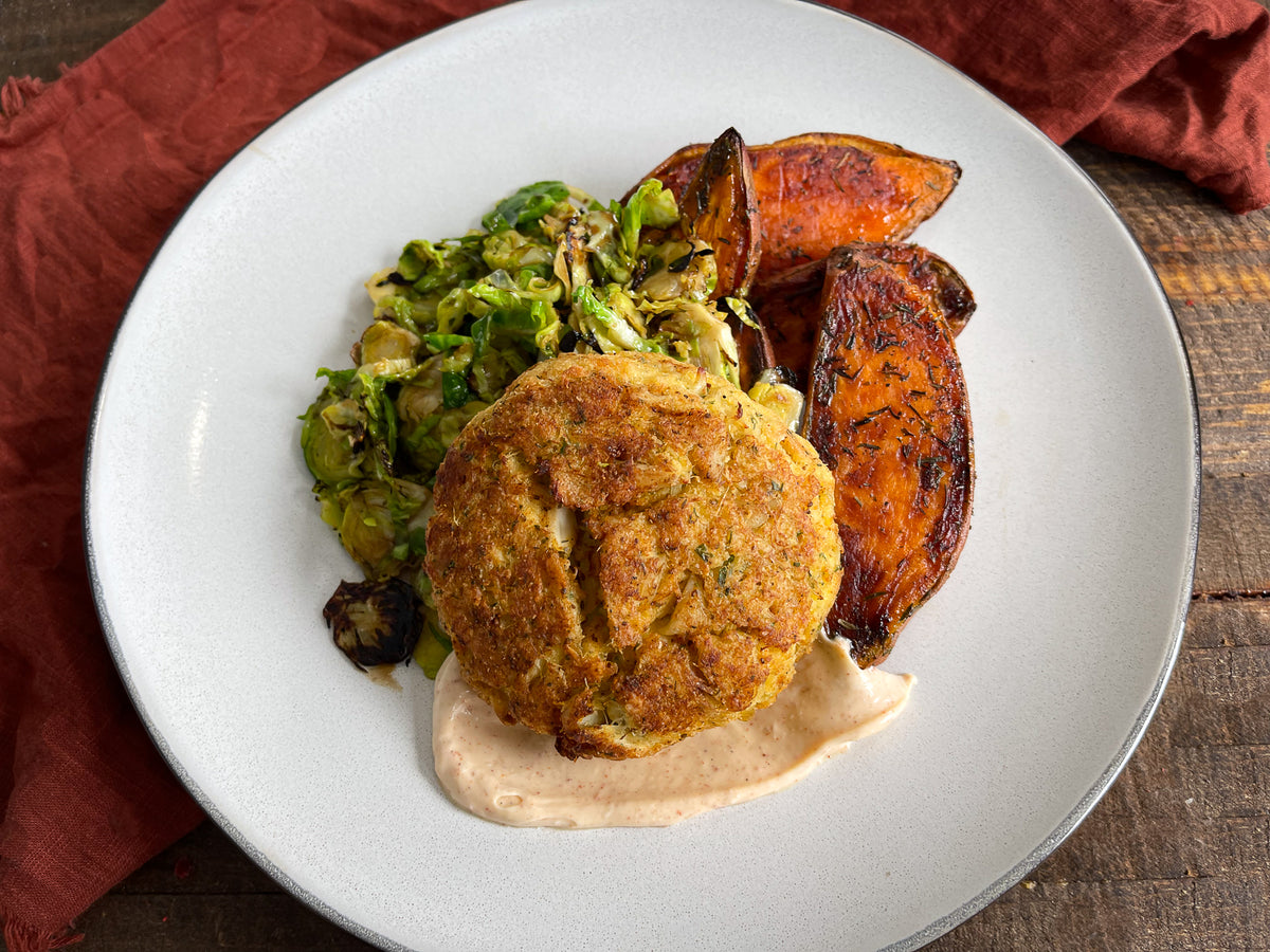 Crab Cake with Brussels Sprouts & Fingerling Sweet Potatoes Table & Twine
