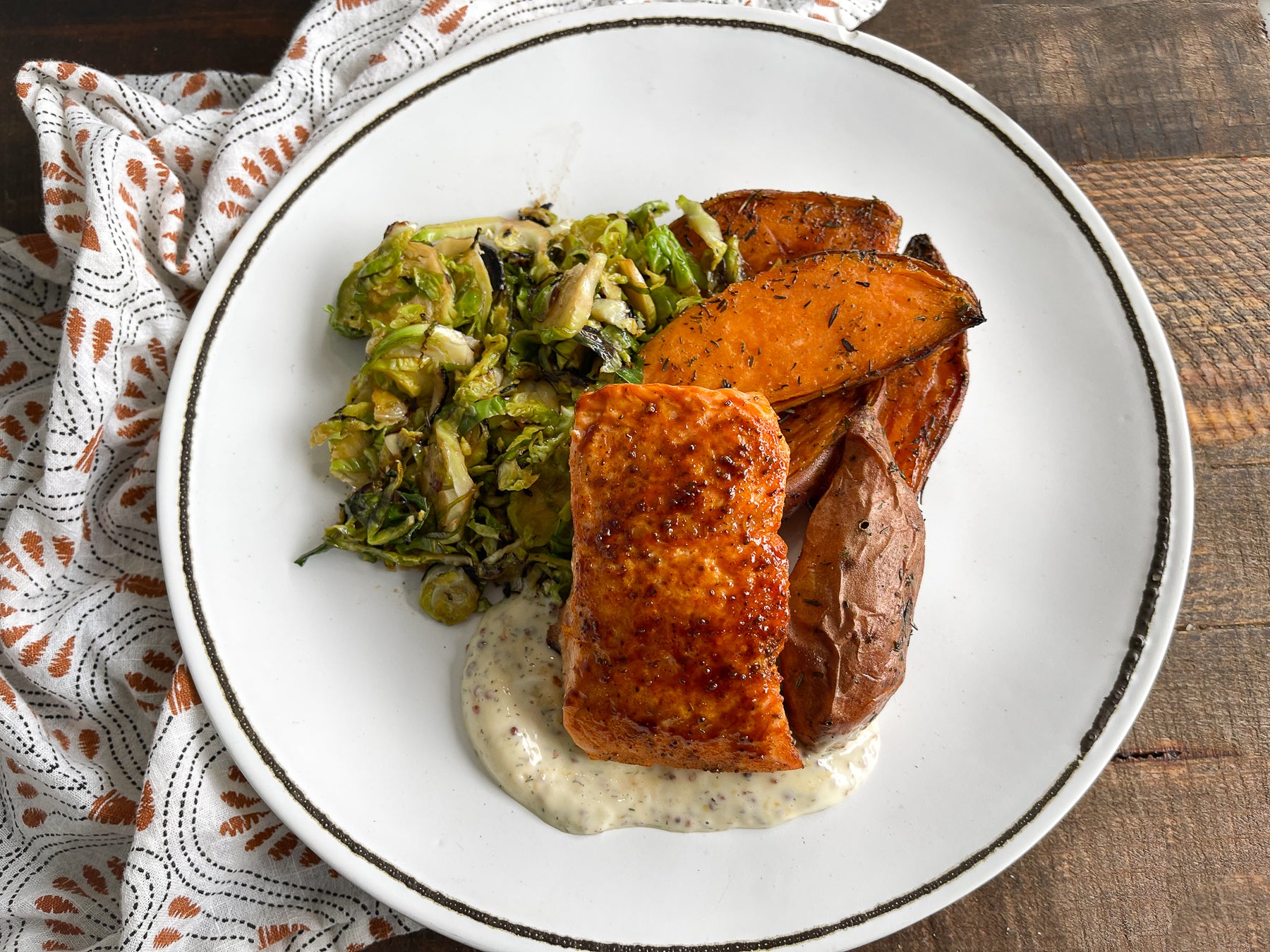 Salmon with Brussels Sprouts & Fingerling Sweet Potatoes